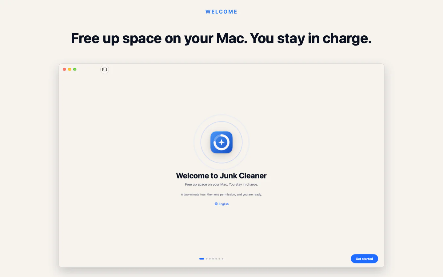 Junk Cleaner for Mac welcome screen: free up space, you stay in charge