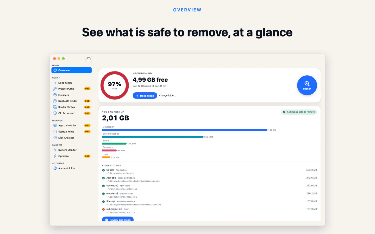 Overview with free space, what you can free up and the biggest items
