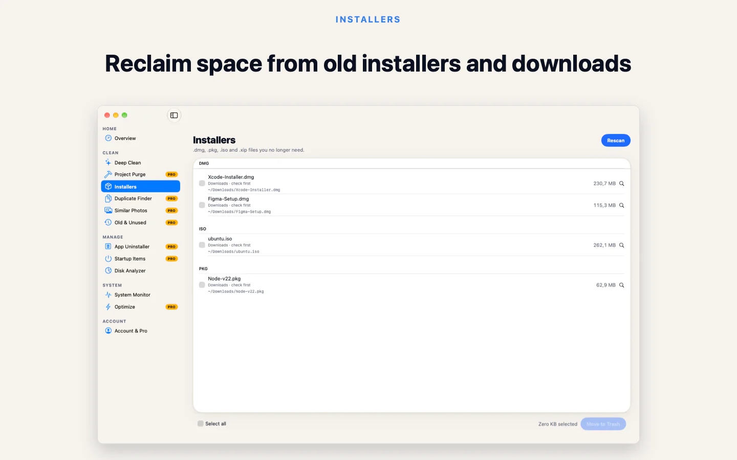 Installers: old DMG, PKG and ZIP files you already used
