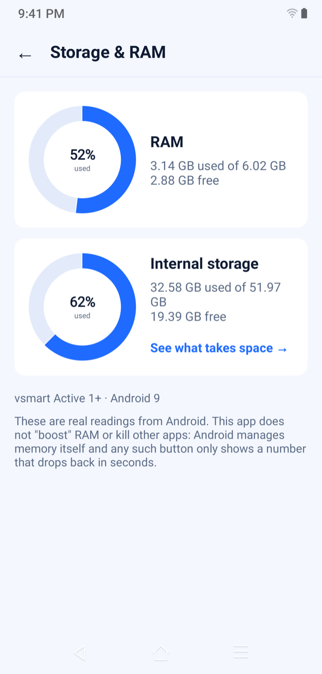 Junk Cleaner Storage and RAM screen with real readings