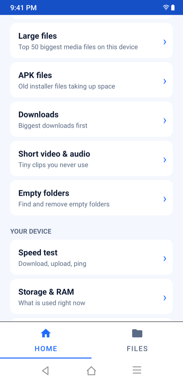 Junk Cleaner tool list: large files, APK files, downloads, short video and audio, empty folders, speed test, storage and RAM